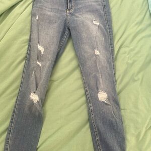 Hollister Women's Distressed Skinny Jeans - Light Blue